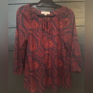 LOFT Sheer Red and Black Paisley Long Sleeve Blouse with Tie Front